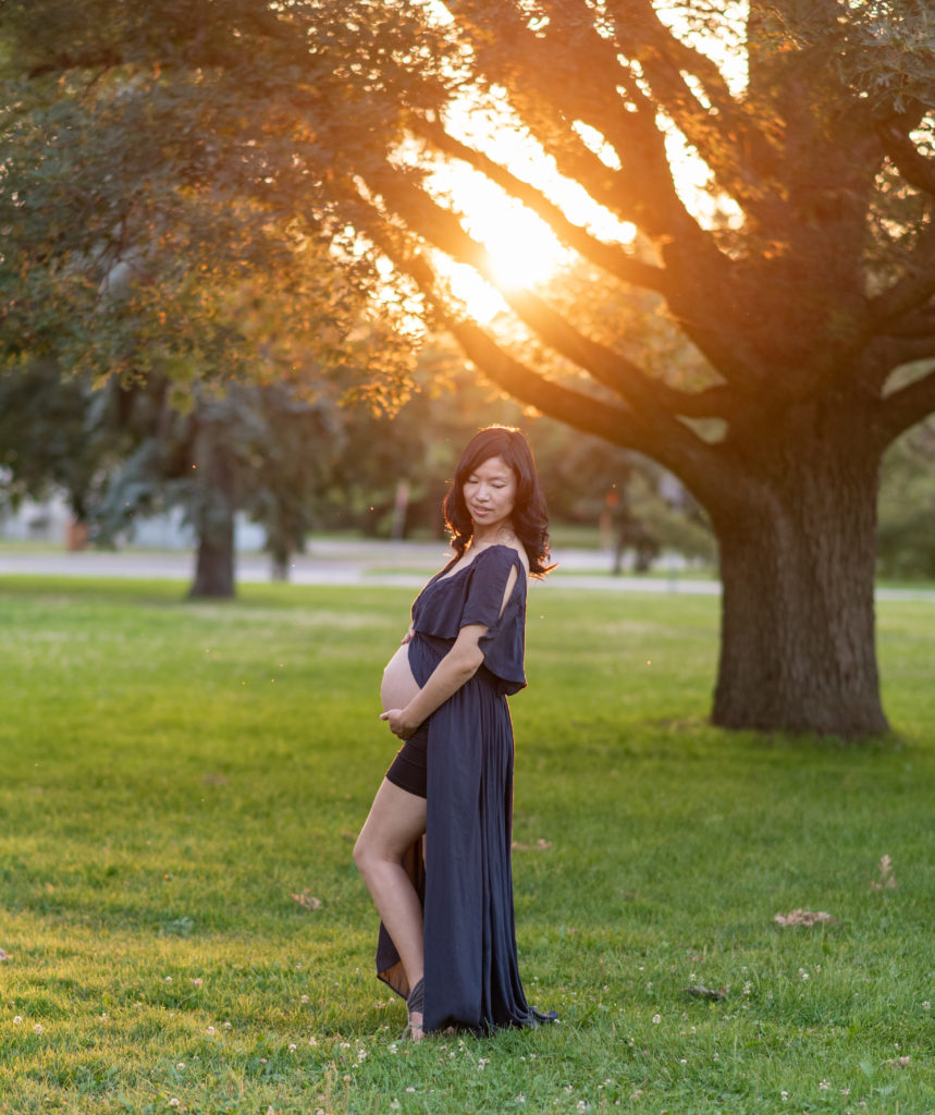 Pregnant mother in golden light at the ornamental gardens in Ottawa