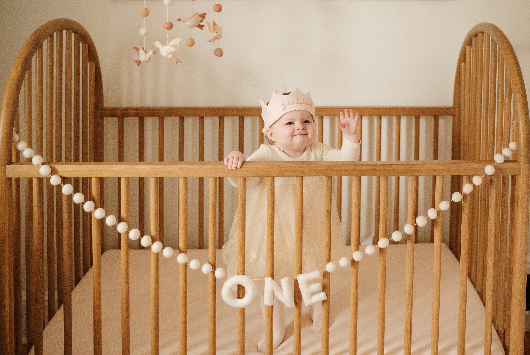 A one year old celebrates their birthday in a wooden crib with a white banner and a crown baby enroute ottawa